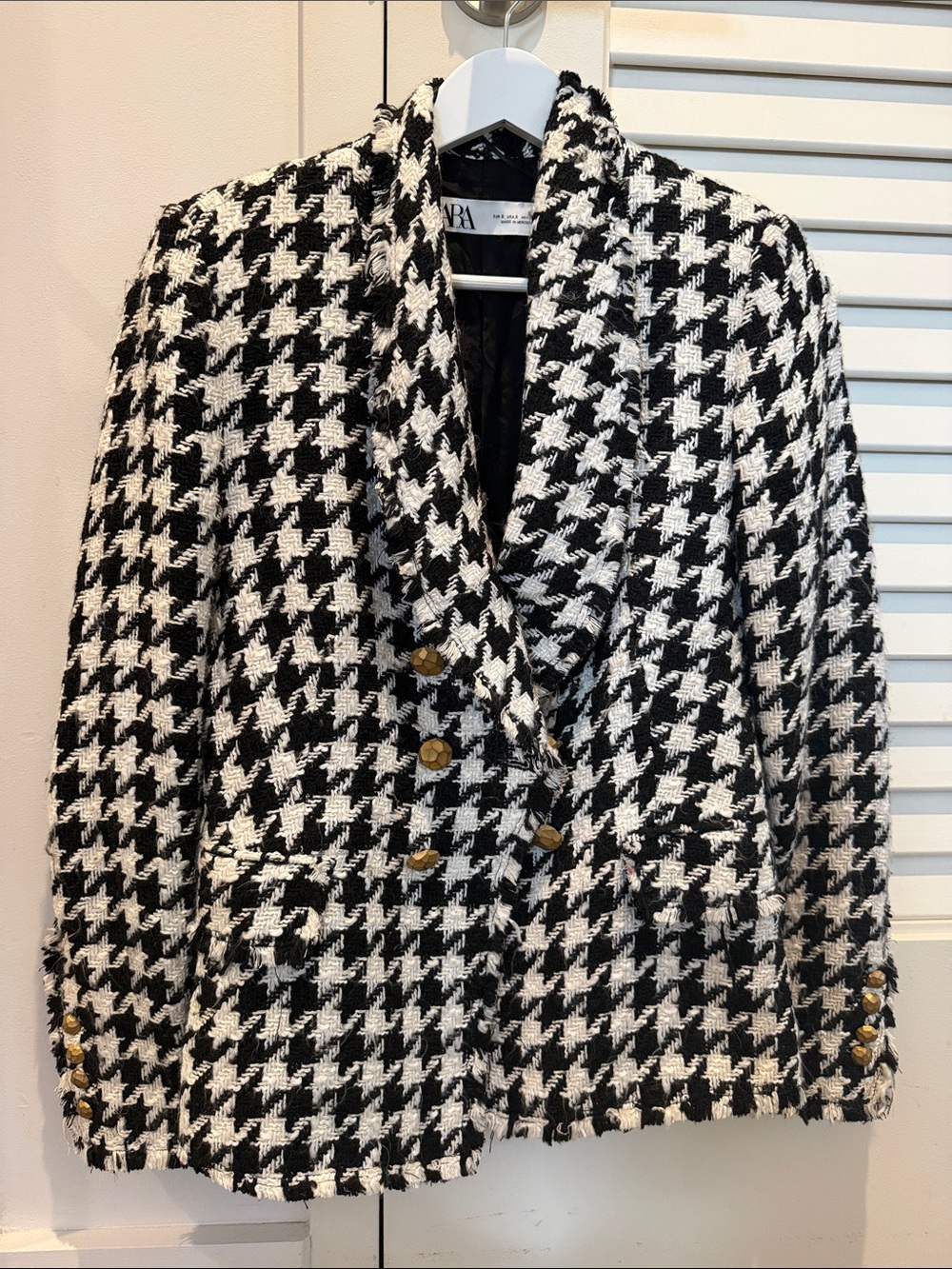 Zara Black & White Houndstooth Double-Breasted Blazer with Gold Buttons